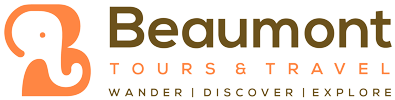 Beaumont Tours & Travel logo featuring an abstract orange elephant forming the letter B, accompanied by the company name and tagline 'Wander | Discover | Explore' in brown and orange colors